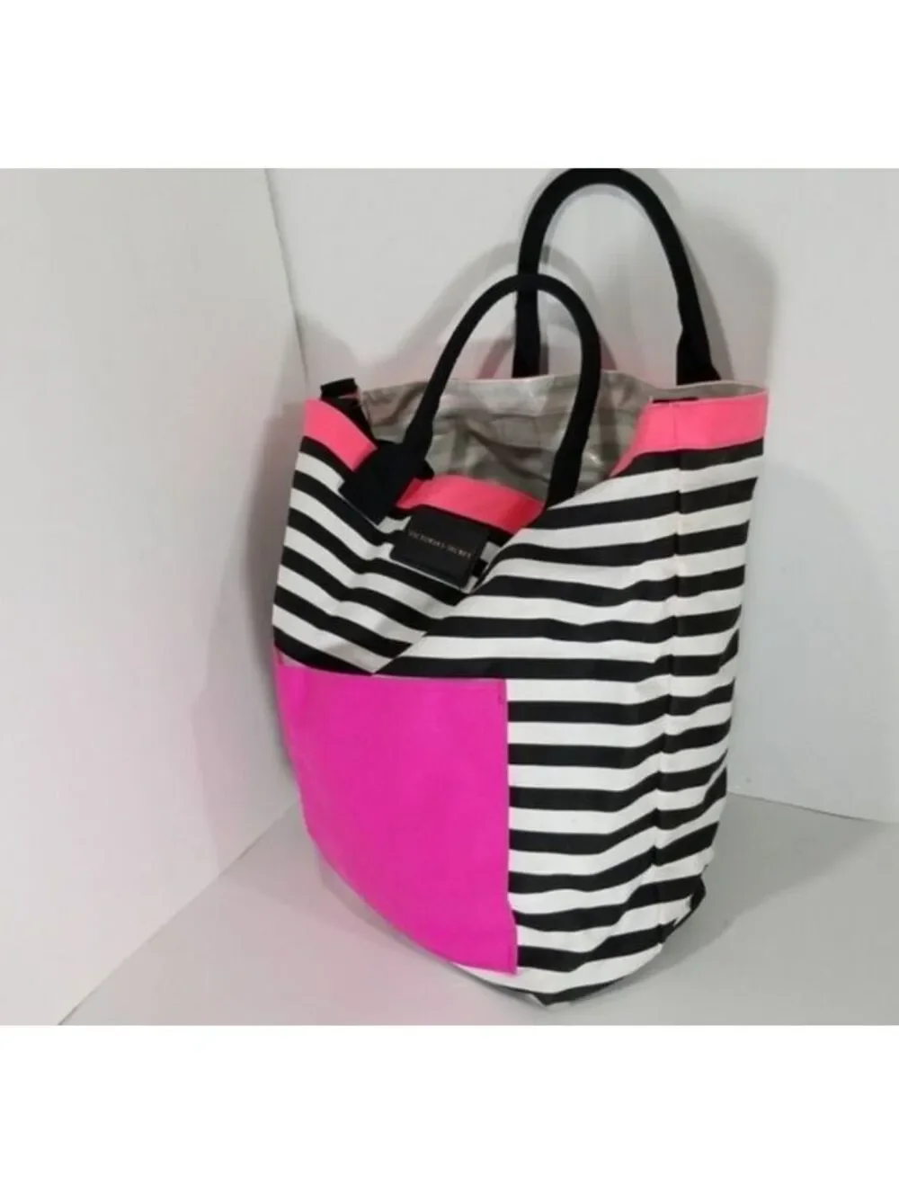 Victoria's Secret Black and White Striped Tote Bag with Pink Accents and Front P
